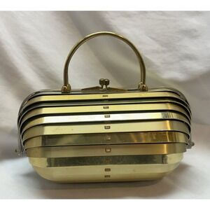 VTG 50s 60s Gold Metal Accordion Style Pill Shaped Purse